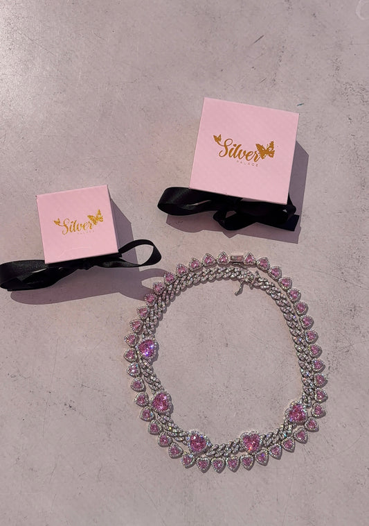 Diamond pink hearts chain